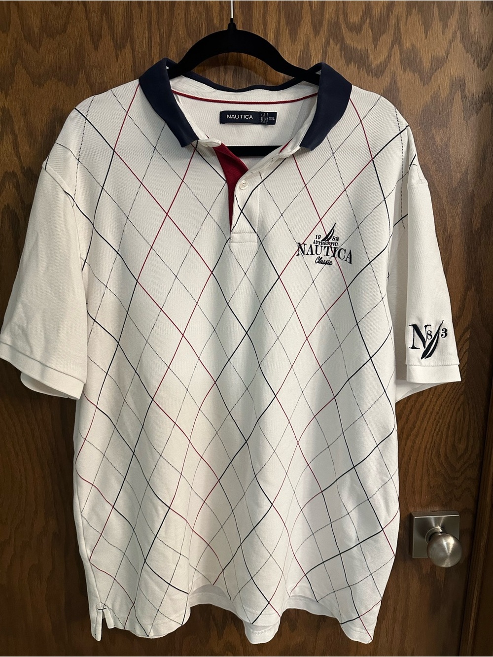 Nautica Men’s White Polo with Navy Collar and Red/Navy Argyle Lines